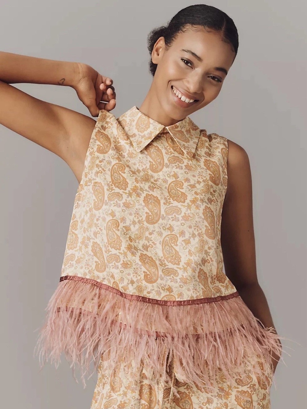 Anthropologie Maude Club Cream Emery Swing Top With Feathered Fringe Size XS NWT